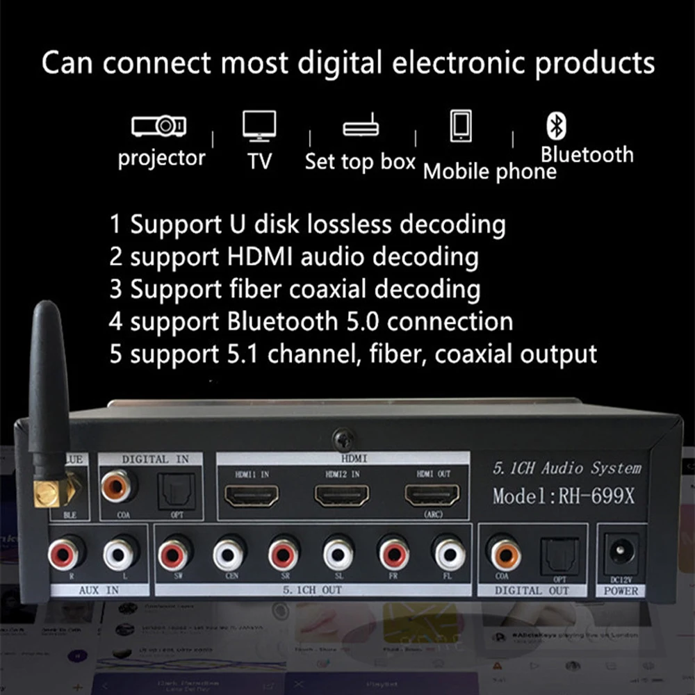 Dekoder dźwięku U Disk Bluetooth 5.0 koncentryczny 5.1 kanałowy rozdzielacz Audio Hdmi Dts dekoder Dolby z pilotem Rh-699x