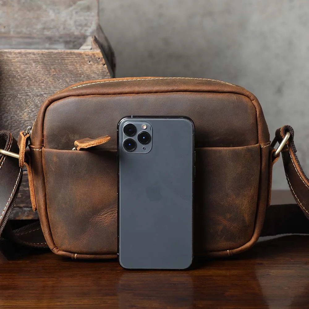 S.WORKER Vintage-Umhängetasche aus Vollnarbenleder, Herren-Schultertasche, Mini-Handy- und Schlüsseltasche – Detail 16