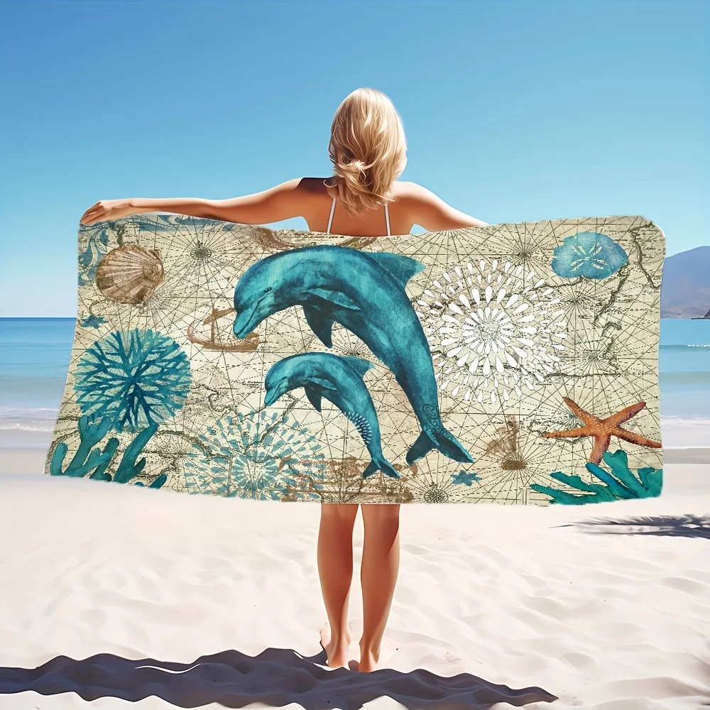 Dolphin pattern beach towel, quick drying, soft and absorbent, microfiber bath towel, suitable for outdoor swimming and camping