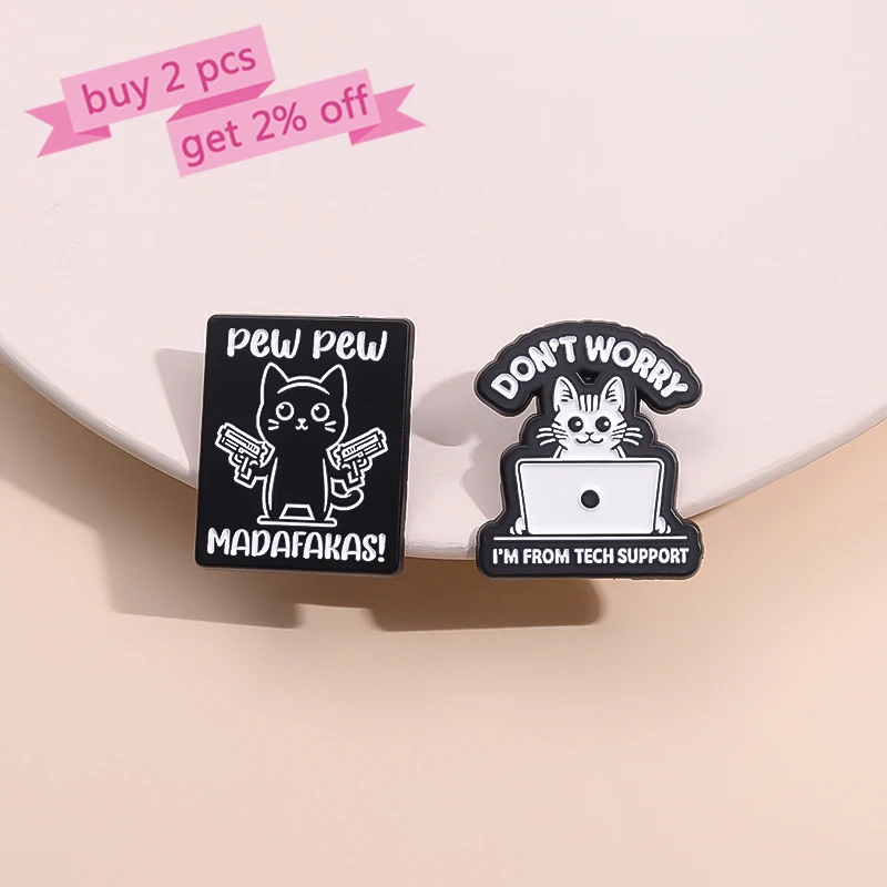 PEW PEW MADAFAKAS! Enamel Pins Custom Cute Chicken Killer Cat Brooches Lapel Badges Animal Funny Jewelry Gift for Friends