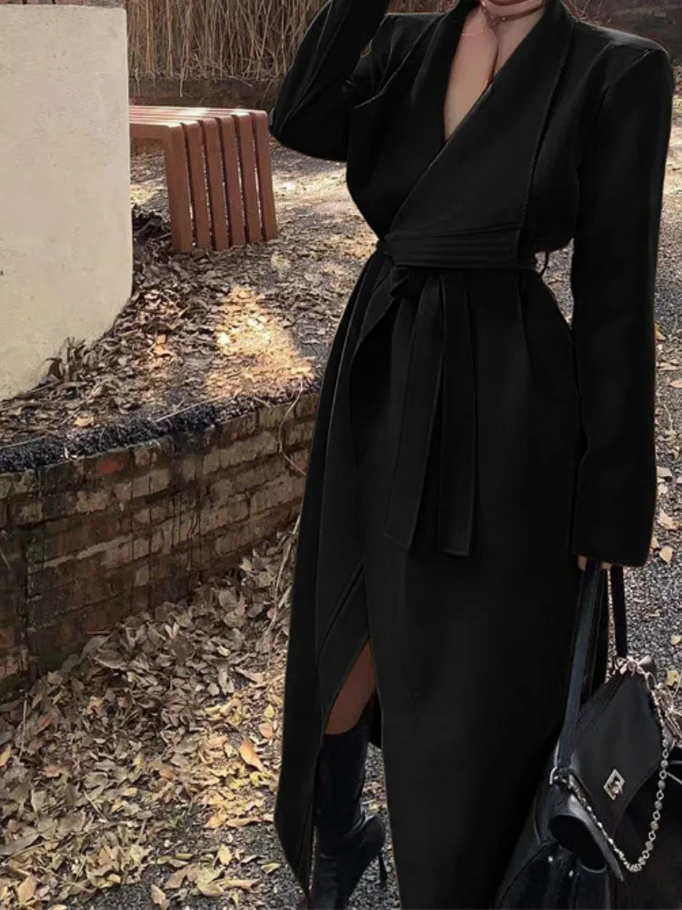 2025 Autumn Windbreaker Women's Khaki Black Trench Coat Casual Loose Slim Fit Large Lapel Cardigan Style Long-Sleeve Outerwear