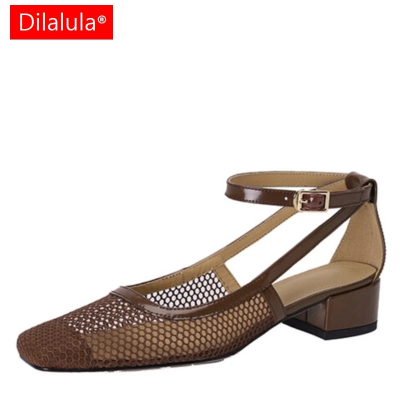 

Dilalula Summer Women Sandals Square Toe Chunky Heel Shoes For Women Cover Toe Black Mesh Shoes Ankle Strap Cover Heel Sandals