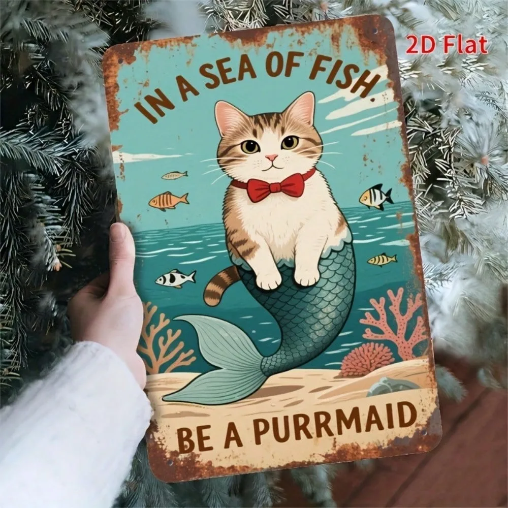 

Mermaid Cat Metal Wall Art, Rustic 'Be A Purrmaid' Vintage Sign for Indoor Outdoor Home Decor