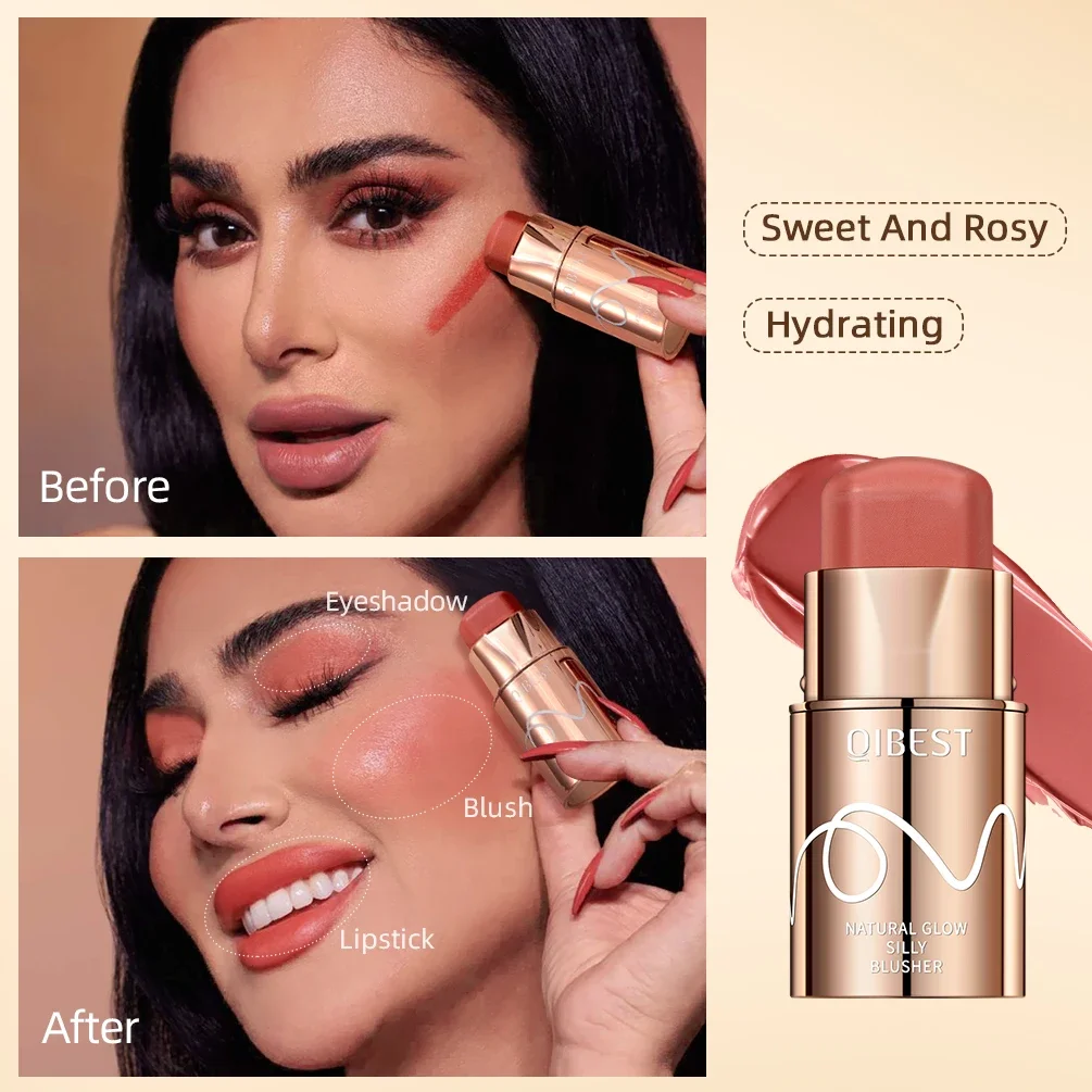 Qibest novo rosto blush batom fosco à prova dwaterproof água de longa duração 3 em 1 batom blush sombra maquiagem vara cosméticos multifuncionais