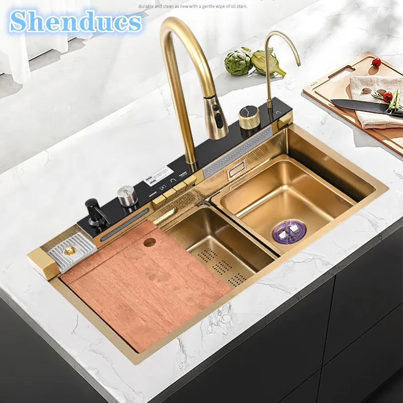 

Роскошные кухонные мойки из матового золота, большие кухонные смесители из нержавеющей стали с одним слотом, встроенная цифровая кухонная мойка, водопад, кухонные смесители