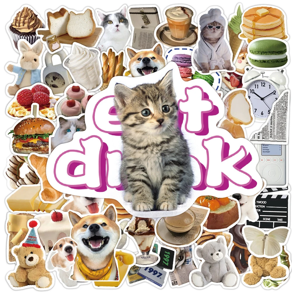 

10/30/50pcs Kawaii Ins Style Cat Dog Food Stickers Dessert Cake Ice Cream Cartoon Sticker Fridge Suitcase Phone Cute Decals Pack