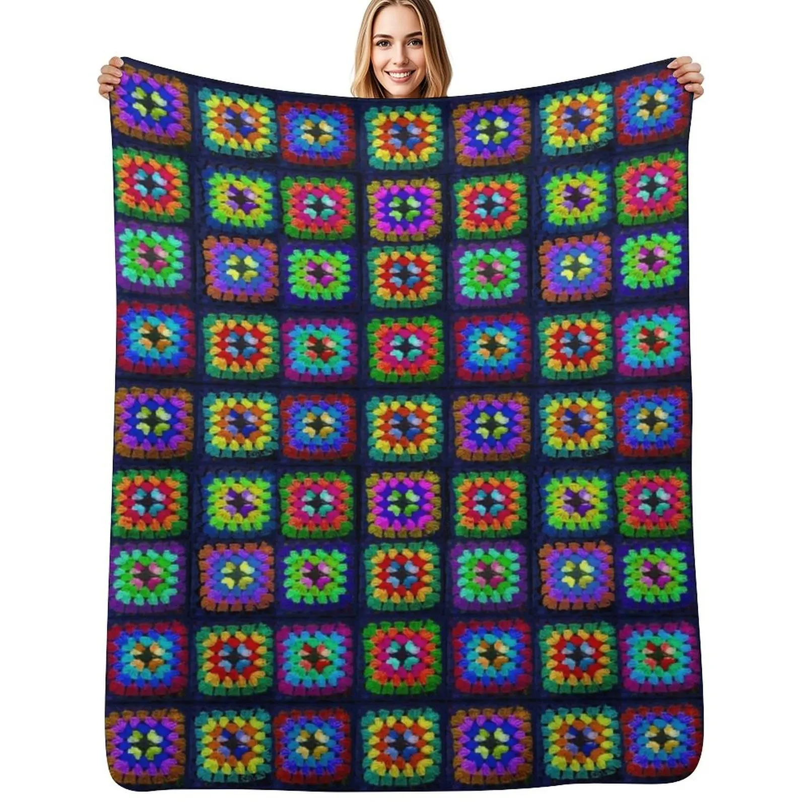Vintage Granny Squares Print Throw Blanket Luxurious Soft Fuzzy Blanket for Sofa Bed