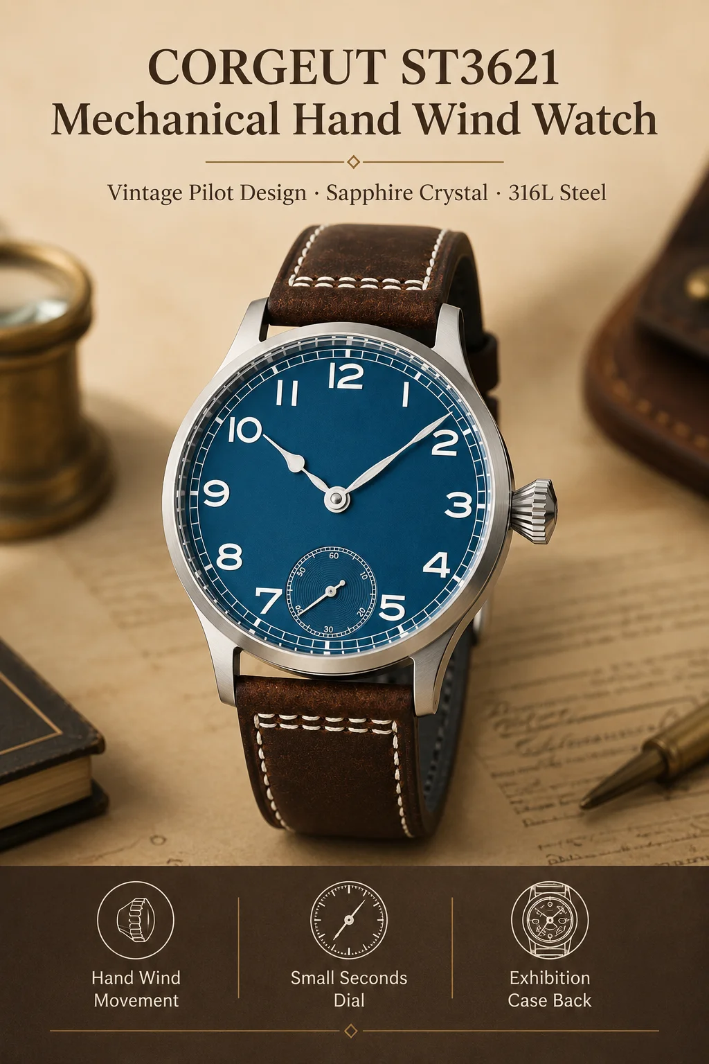CORGEUT ST3621 Mechanische Handaufzugsuhr für Herren 42mm Saphirglas Vintage Pilotenuhr 316L Stahl Lederarmband Kleine Sekunde – Detail 1