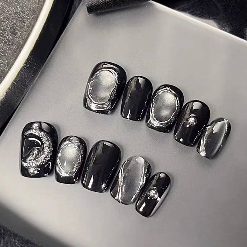 

10PCS Cat Eye Press on Nails Short Square Blue Black French Tip Glow Simple Style False Nails Handmade Acrylic Nail with Crystal