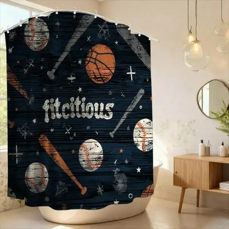 Sports Theme Shower Curtain - Baseball & Basketball Pattern, Vintage Bat Design, Waterproof Bathroom Decor for Boys
