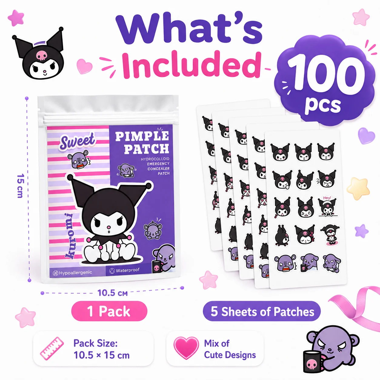 Patchs hydrocolloïdes anti-boutons Sanrio Kuromi, autocollants mignons pour couvrir les points noirs, patchs invisibles pour les imperfections du visage, jour et nuit, unisexe