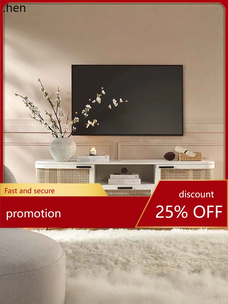 

HT Solid Wood Rattan TV Cabinet Living Room Home Storage Cabinet Vintage White Ash Wood Drawer Cabinet