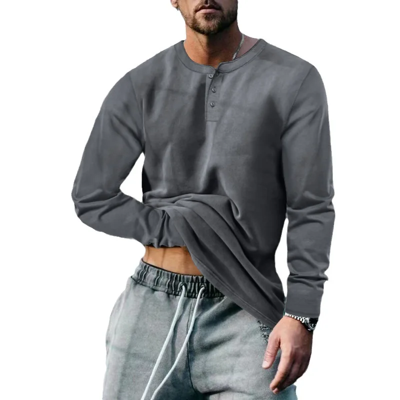 

Men's Spring and Autumn Round Neck Long Sleeved T-shirt Loose Pullover Casual Solid Color T-shirt Long Sleeved