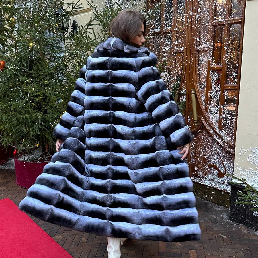 Natural Chinchilla Fur Jacket Women Winter Long Real Rex Rabbit Fur Coat Luxury New Genuine Fur Coats