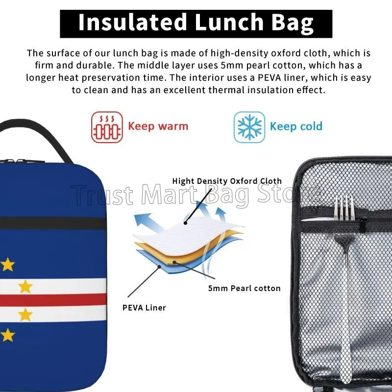 Lancheira isolada com bandeira do cabo verde, reutilizável, portátil, à prova d'água, lancheira térmica, recipiente de comida para trabalho, viagem, piquenique