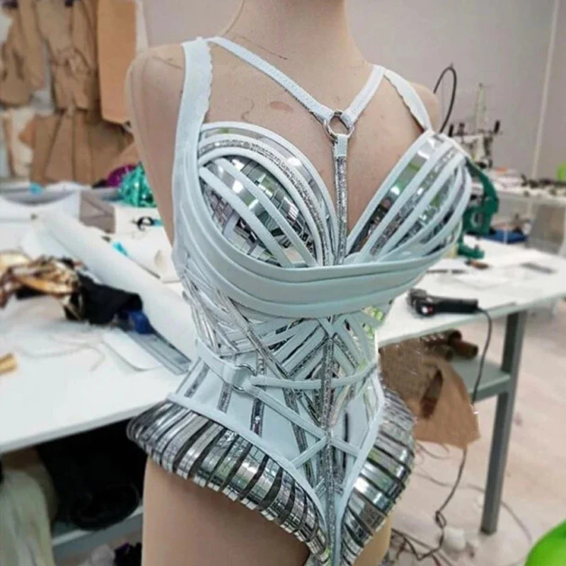 Nieuwe Gogo Danser Kostuums Wit Zilver Paraplu Taille Bodysuit Sexy Pole Dance Kleding Vrouwen Festival Outfit Stage Clubwear Set