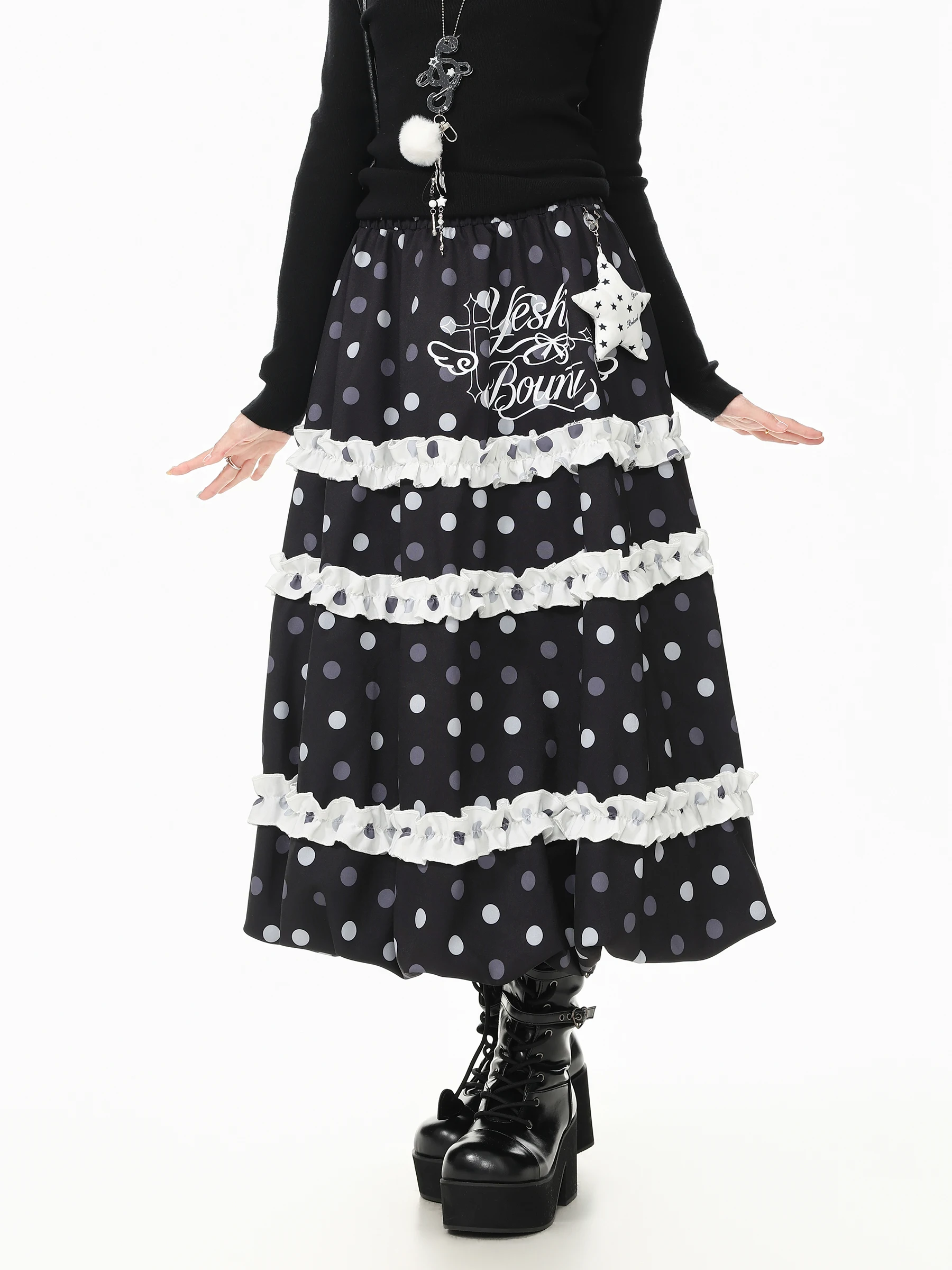 Languid Park Blue Ghost Polka Dot Frock Skirt Women's Mid-Length Cute Puffy A-Line Midi Skirt Casual Polyester Fiber
