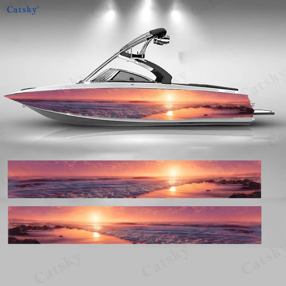 Realistic Pink-Purple Sunset Coast Boat Stickers, PVC Waterproof Vinyl Wrap Decals for Fishing Boats, Durable and Stylish Design