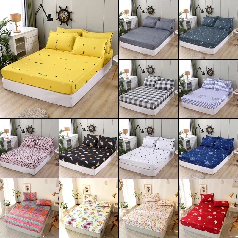 Polyester Fashion Print Fitted Sheet with Elastic Band Non Slip Mattress Cover Pillowcase for Single Double Bed 90/120/150/180cm