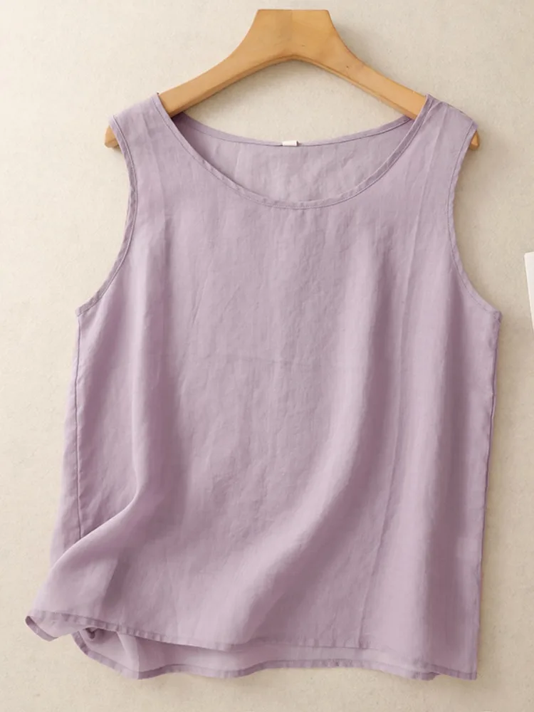 Damska letnia bluzka na ramiączkach z lnu i bawełny, wyszczuplająca, gładka, cienka, luźna, wkładana przez głowę, bazowa, lniana odzież wierzchnia.