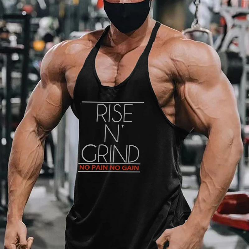 RISE N GRIND NO PAIN NO GAIN Bodybuilding Stringer Tank Tops Mens Gym Clothing Cotton Workout Fitness Sports Running Vests