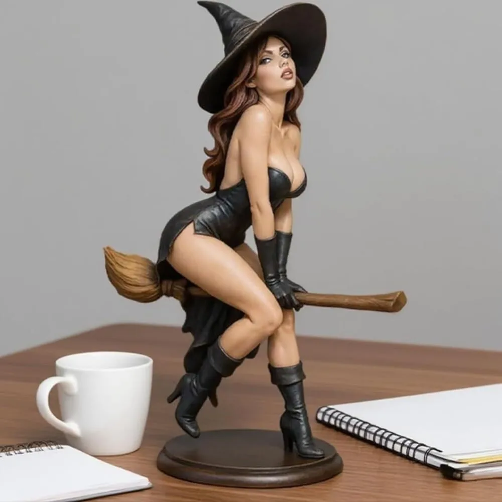 

Halloween Witch Figurine Riding Broom Decorative Statue for Bookshelf Home Party Decoration Spooky Seasonal Ornament Craft