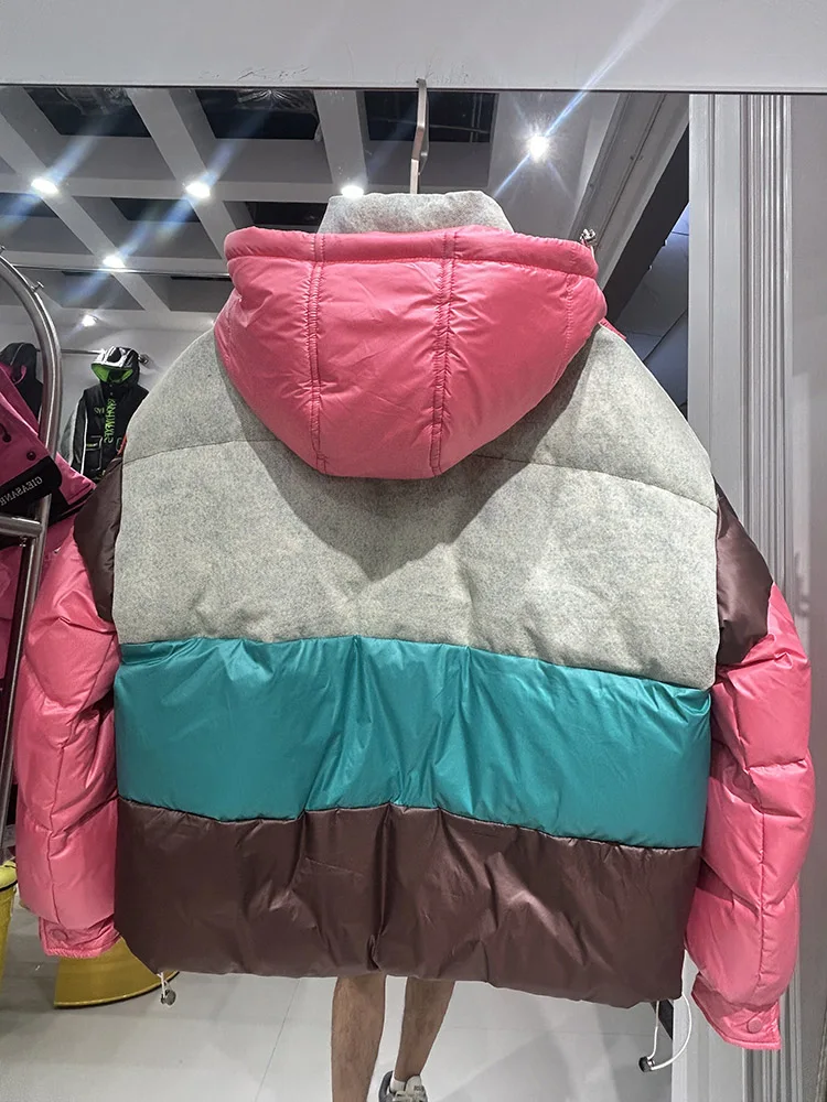 High-end Knitted Color-Blocked Printing Hooded Down Jacket Winter New Street Loose Thickened 90% White Duck Puffer Coat