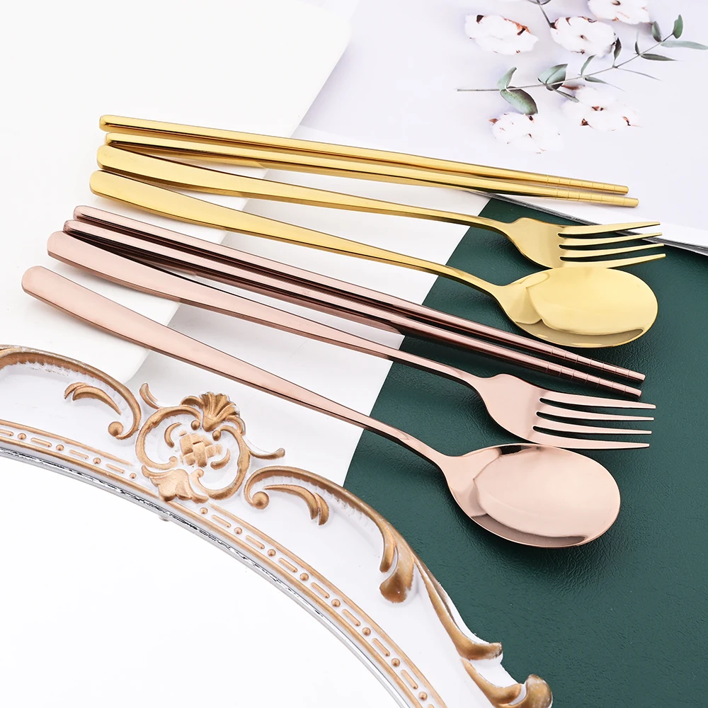 Korean 6Set Tableware Long Handle Chopsticks Spoons Cutlery Set Reusable 304 Stainless Steel Non-slip Soup Spoon Dinnerware Set