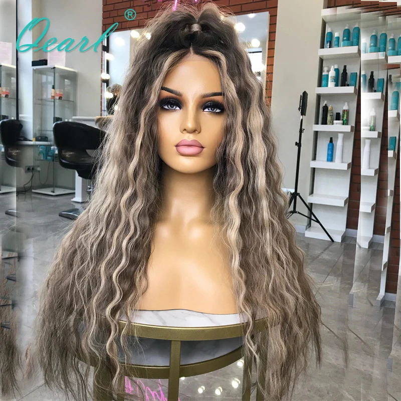 Diepe Golf Krullend Full Lace Pruiken Echte Natuurlijke Kant Frontale Pruik As Grijze Blonde Highlights Gekleurd Menselijk Haar Pruik Remy Hair Qearl