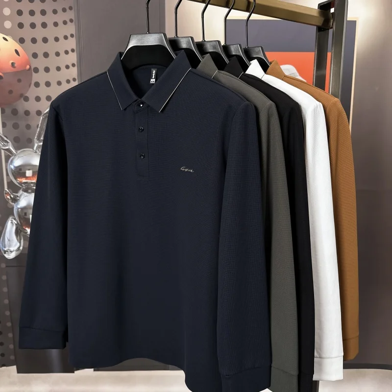 High-End Man Long-Sleeved Polo Shirt Lapel Button Letter Embroidery British Style Tops Autumn Winter New Leisure Men's Clothing