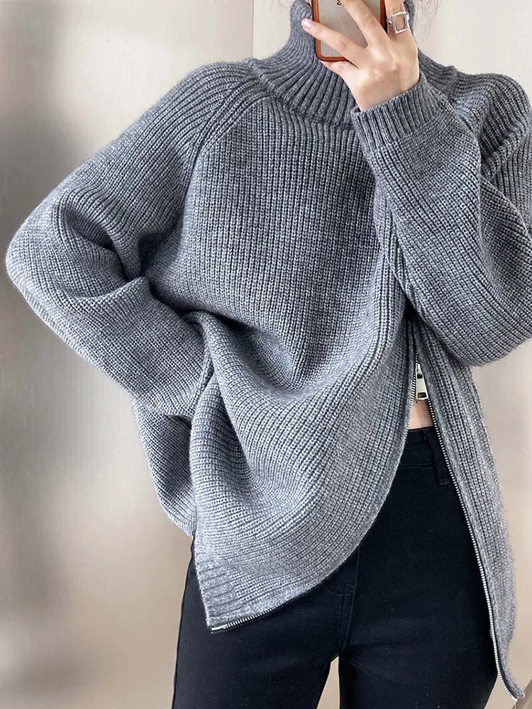 

Vintage Turtleneck Sweater Women Oversized Loose Knitted Pullover Female Winter Thick Warm Knitwears Lady Casual Zipper Cardigan