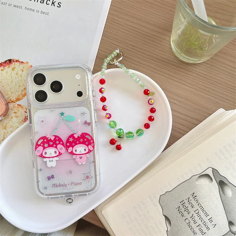 

Cute My Melody Cherry Print Phone Case with Beaded Wrist Strap For iPhone 13 14 15 16 17 Pro Max Clear Glitter Shockproof Cover