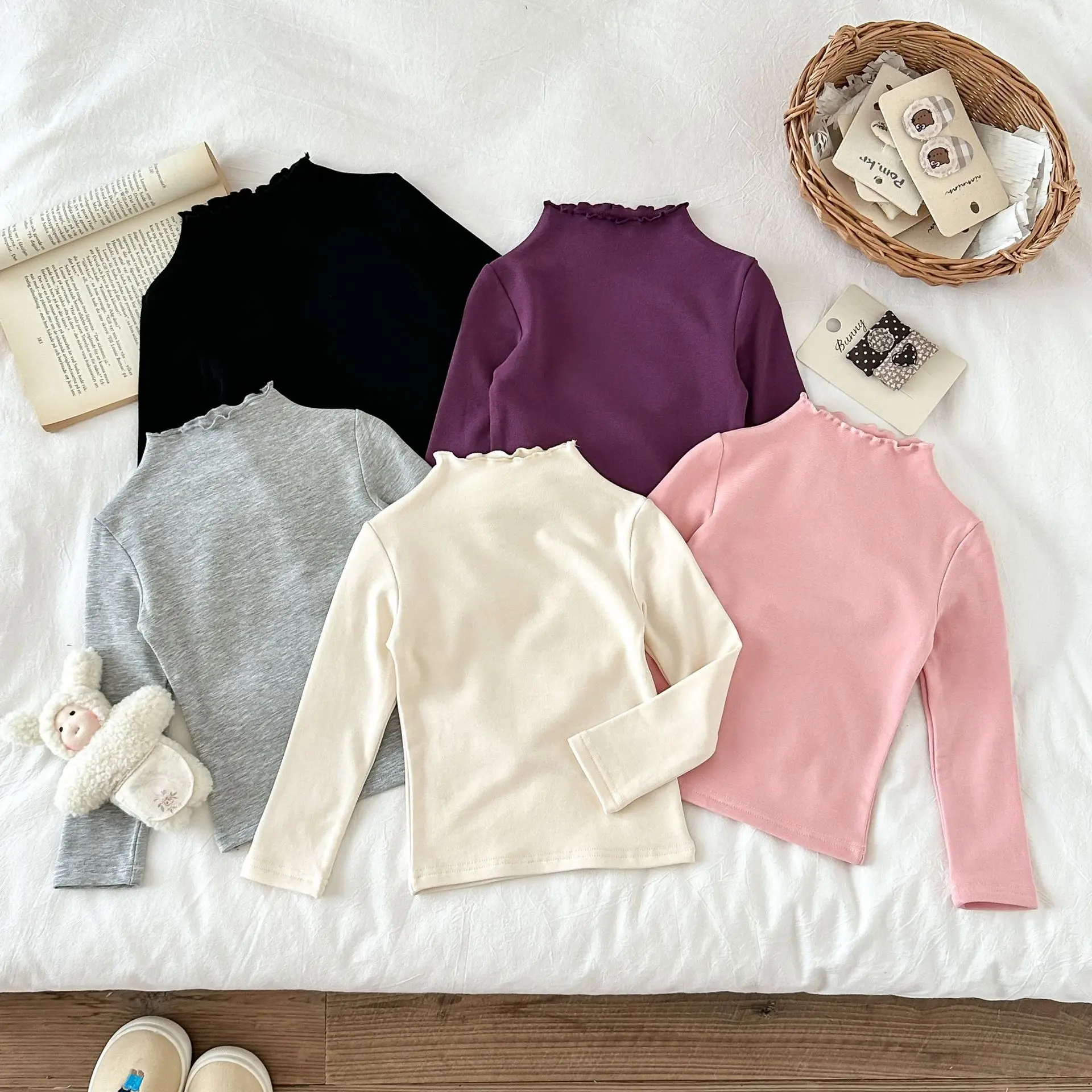 

2025 Autumn Children top 2-7Y Girls Ruffled High Neck Long Sleeve T-Shirt Korean Style Kids Solid Color Inner Base Shirt