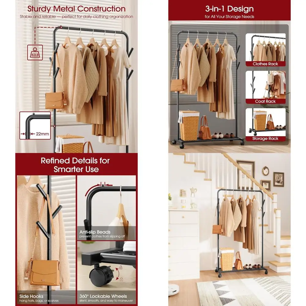 

Portable Metal Coat Rack with Bottom Shelf and 6 Hanging Bars, Ideal for Bedroom or Laundry Room (Black, 28.7 x 17 x 59.4)