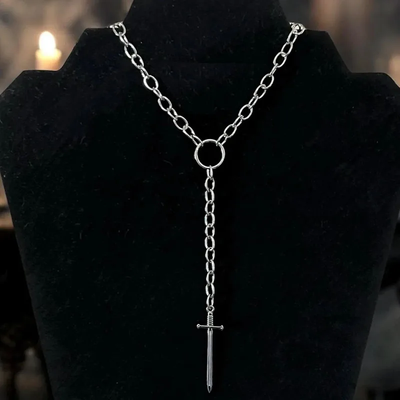 Dagger Sword O Ring Lariat Chain Necklace Pearl Dangle Celestial Choker