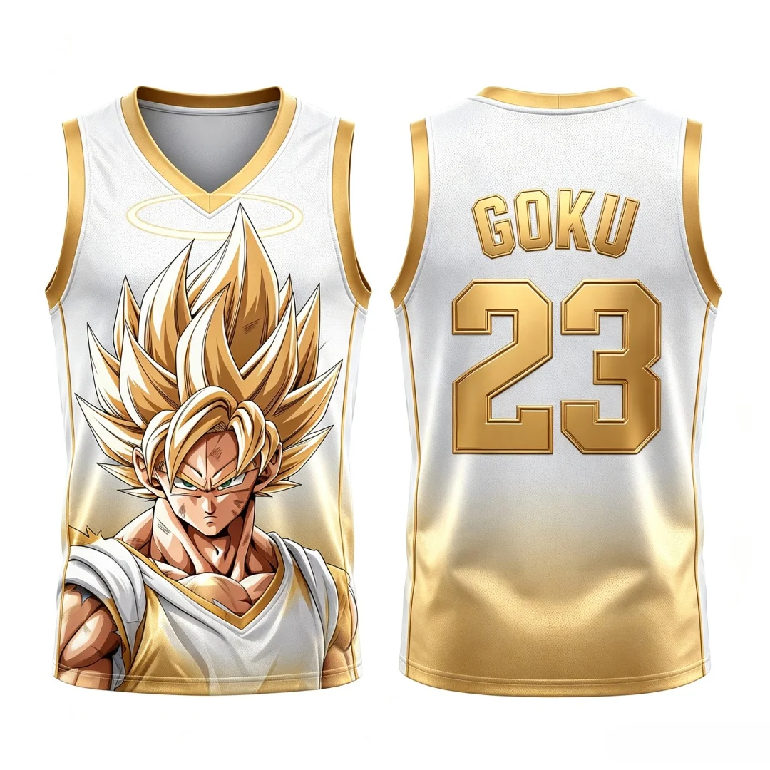 Dragon Ball Goku Super Saiyan No.23 Basketball Jersey Men 3D Print Sports Vest White Gold Gradient Anime Streetwear Tank Top