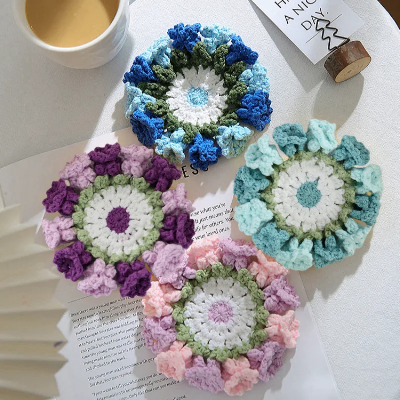 Multicolor Crochet Patches Coasters Flower Design Cup Mat Creation Desktop Decoration Handmade Cup Pad Home Decor