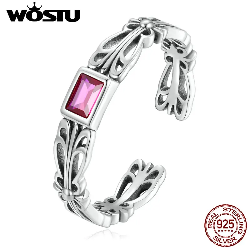 WOSTU 925 Sterling Silver Rectangle Pink Crystal Open Adjsutable Rings Vintage Pattern Open Ring For Women Party Jewelry Gifts