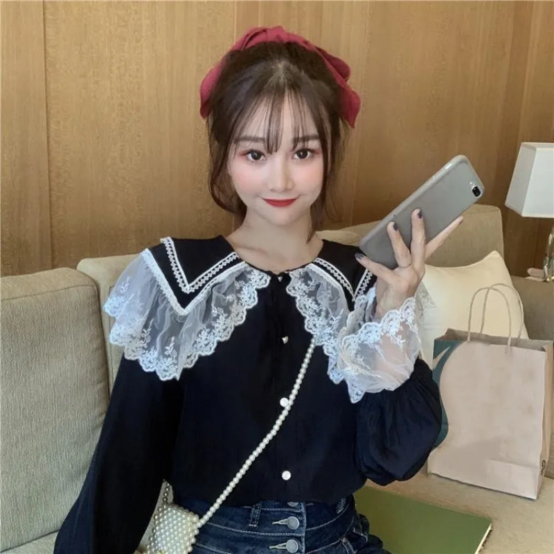 Hikigawa Chic Fashion Women Korean Loose Peter Pan Collar Lace Long Sleeve Shirts Summer Vintage Elegant Blouse Tops Mujer