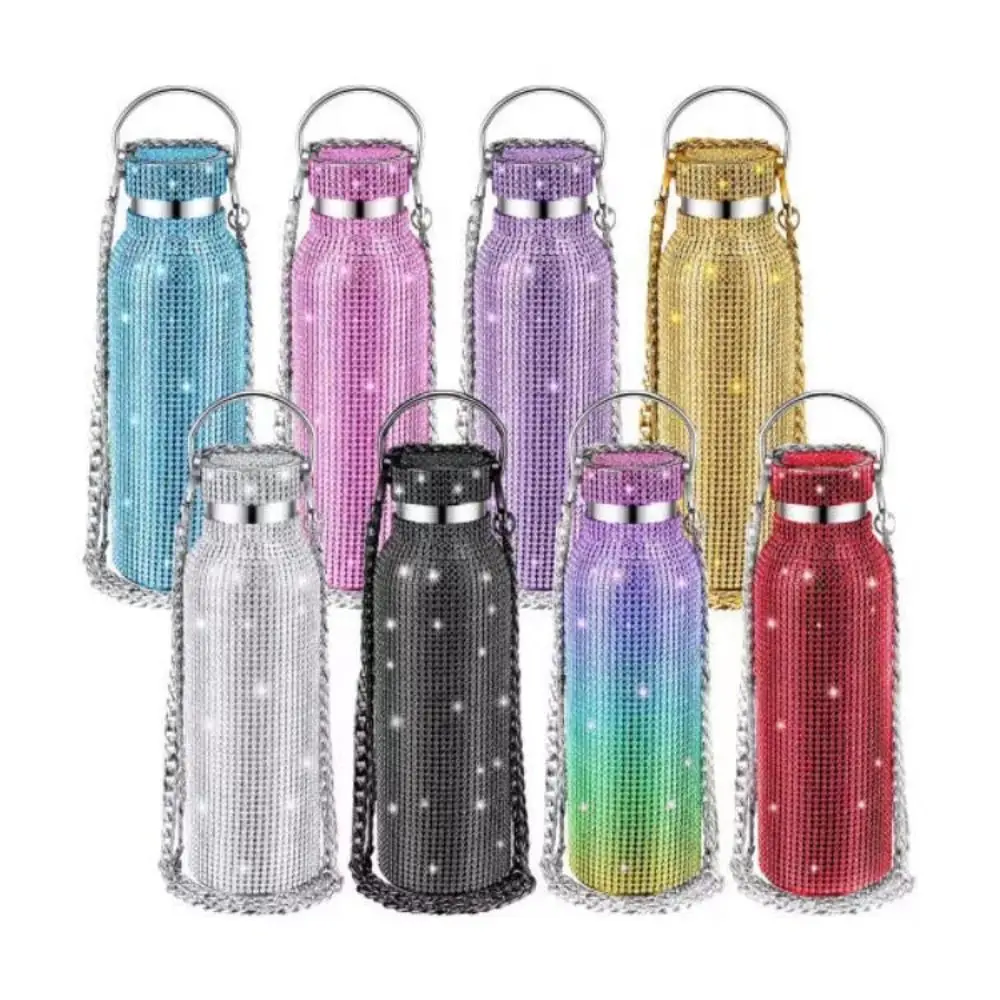 Thermal Rhinestone Water Bottle Stainless Steel Refillable Glitter Tumbler Removable Carrying Strap Leak-Proof