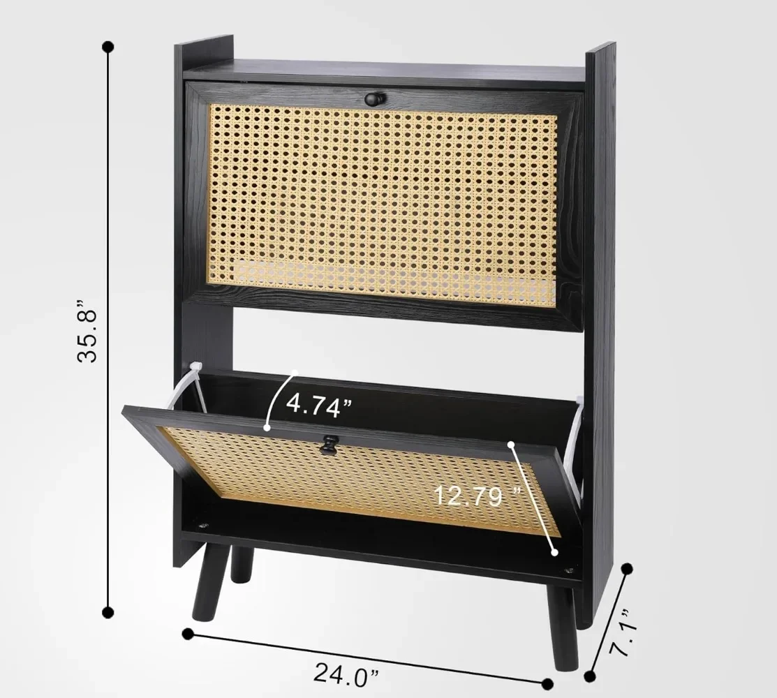 Organizador de armazenamento de sapatos preto para entrada, armário de armazenamento de sapatos de vime, organizador de sapatos com 2 gavetas articuladas