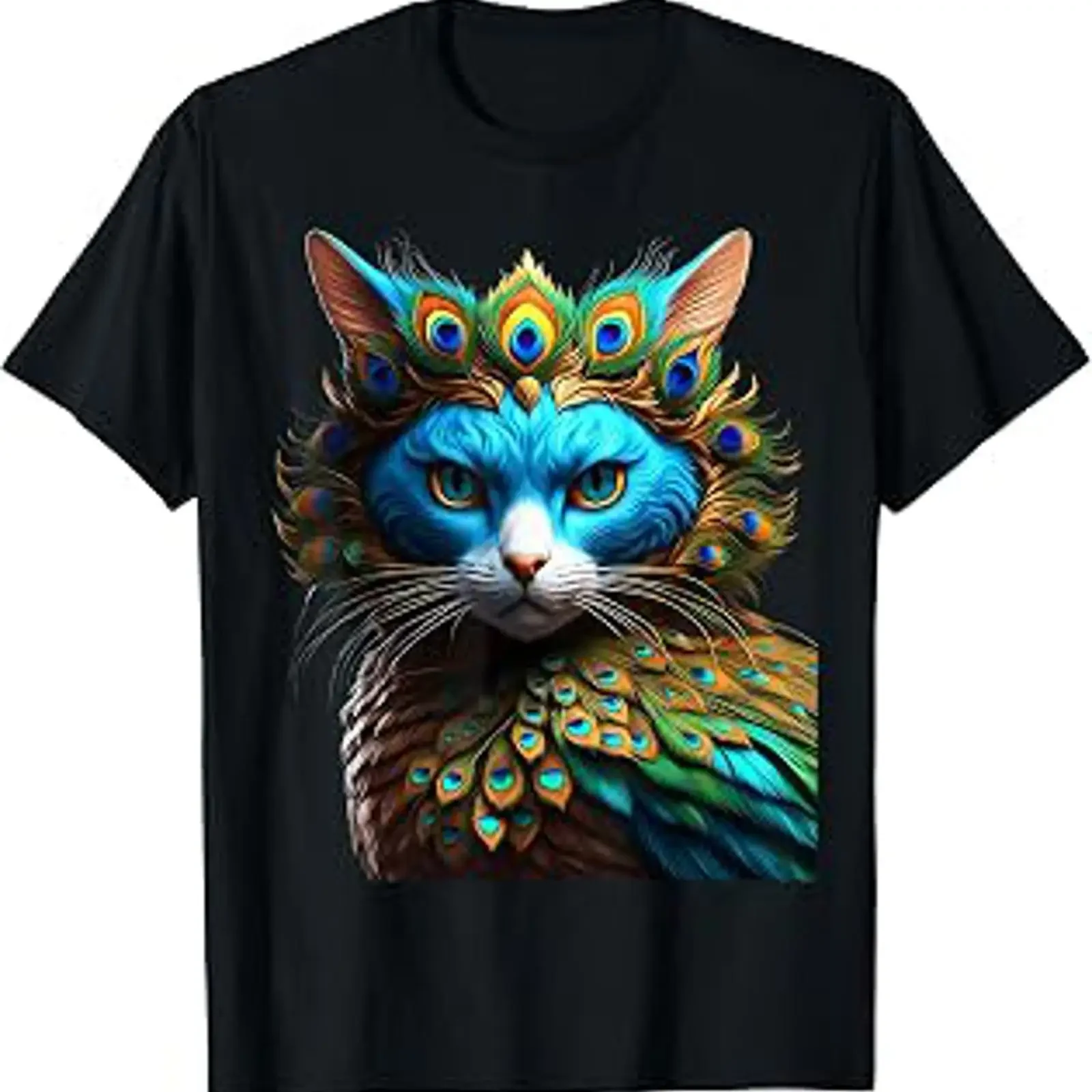 Fantasy Cute Vivid Cat Peacock Mix T Shirt vintage Washed Top For Everyday Wear Stylish designer clothes fashion Unisex homme