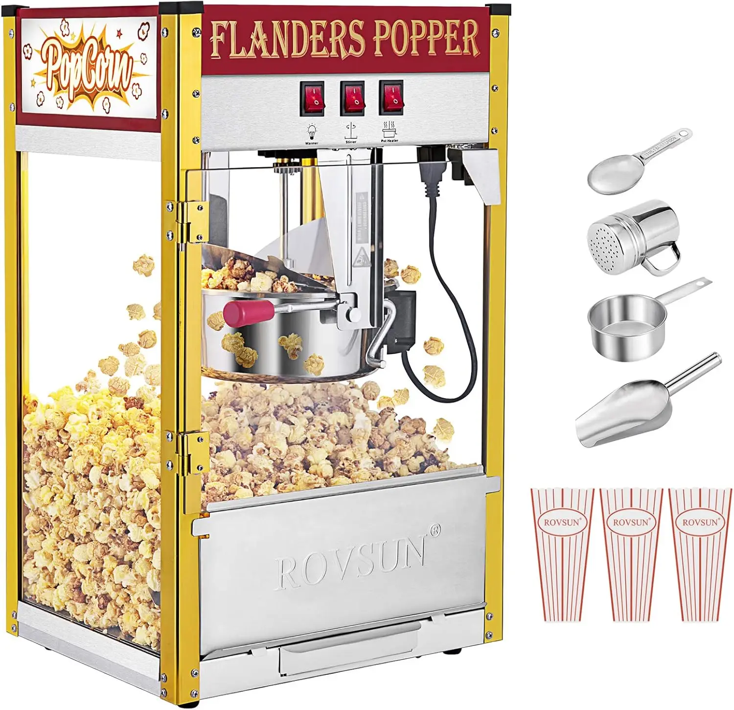 Popcorn Machine with 8 Ounce Kettle Makes Up to 32 Cups, Commercial Popcorn Machine Countertop Popcorn Maker w/Stainless Steel S