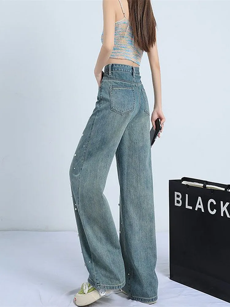 Japanese 2000s Style Y2K Fashion Pearl Baggy New Jeans Kpop Pants For Women Clothing Washed Blue Harajuku Lady Denim Trousers