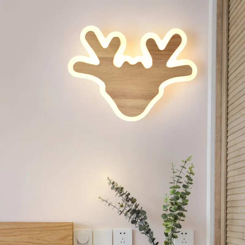 Luces de pared LED modernas para sala de estar, dormitorio, cabeza de ciervo de madera, luces de pared, estudio, pasillo, comedor, accesorios de iluminación decorativos