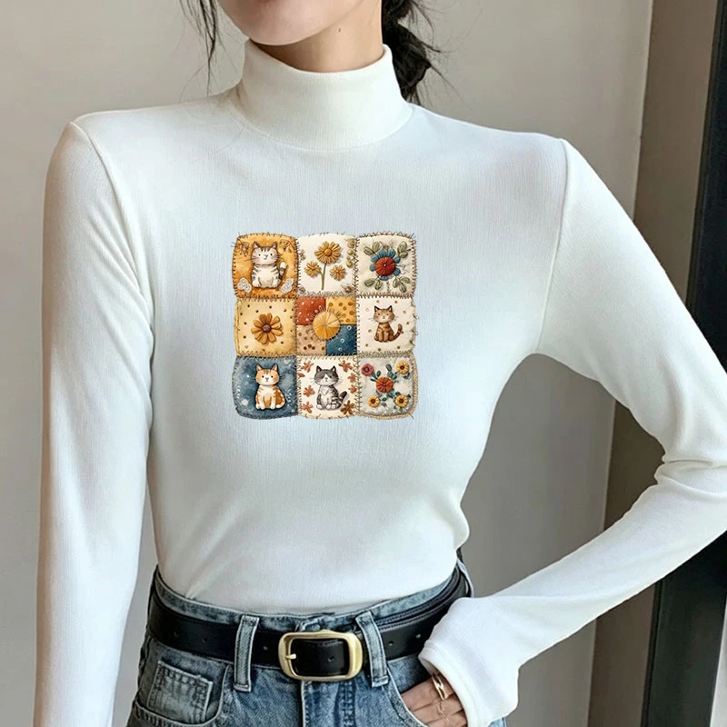 2026 New Autumn Winter Thermal Brushed Fleece Long Sleeve Graphic Print T shirt Blouses Female Warm Shirt Women Top