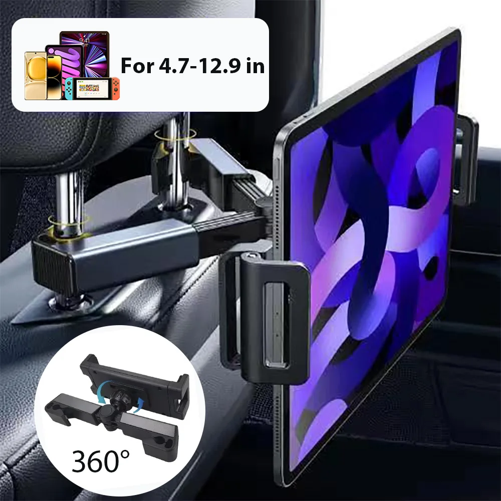 Car Headrest Tablet Holder 360° Revolve Adjustable Lazy Tablet Stand Auto Rear Seat Pillow Phone Support For iPad 4.7-12.9 inch