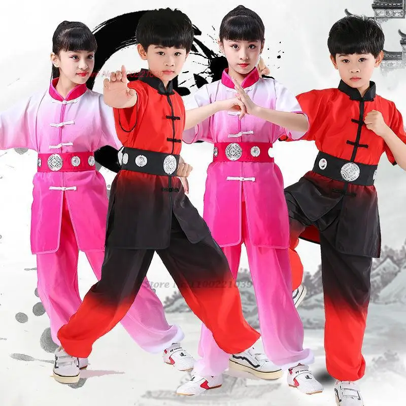 

2024 traditional chinese vintage wushu costume oriental child tai chi kungfu uniforms national gradient color martial art outfit