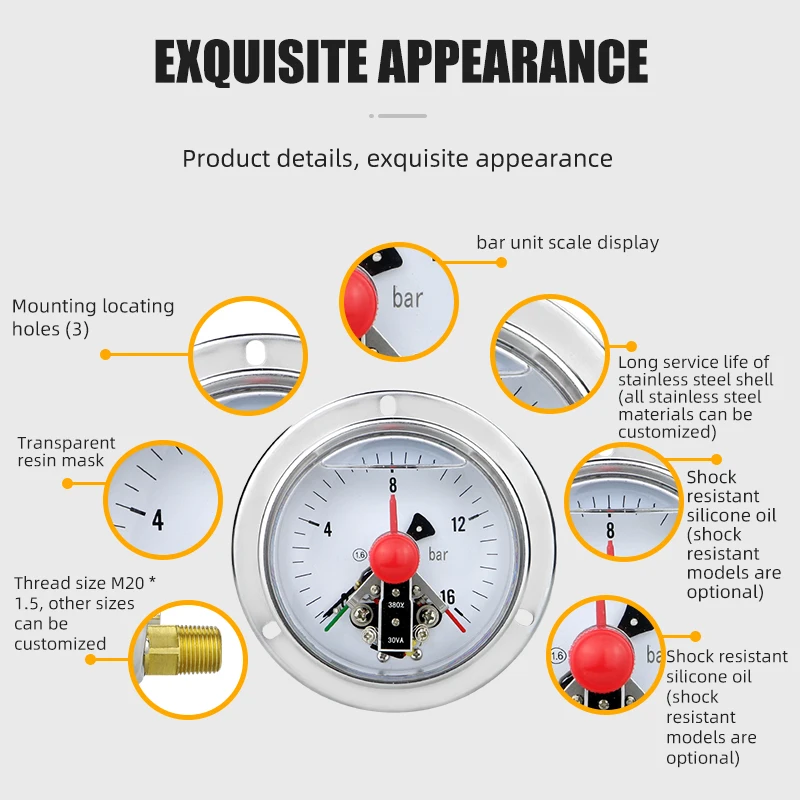 MAIRUIKESI Electric Contact Pressure Gauges 100mm 1.6% ,-1...0...600bar, Axial Installation, For Air, Gas, Water And Fuel Liquid