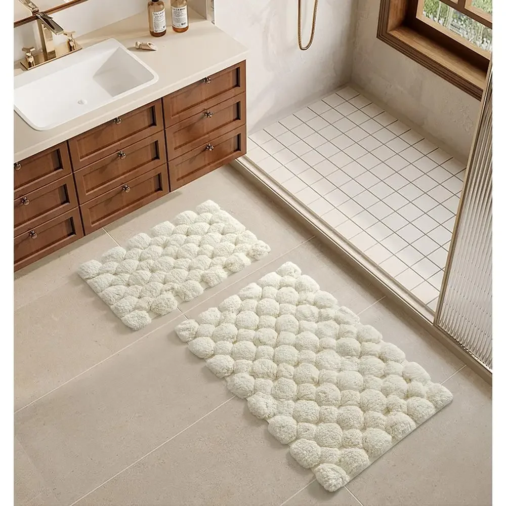 Cotton Bath Rug Set Lush Bauble Theme Water-Absorbent 17x24 & 20x30 Grey/Ivory Machine Washable